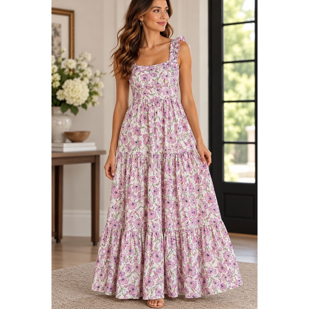 Haute Hippie Maxi Dress Womens Medium Purple Floral Smocked Ruffle Cottagecore